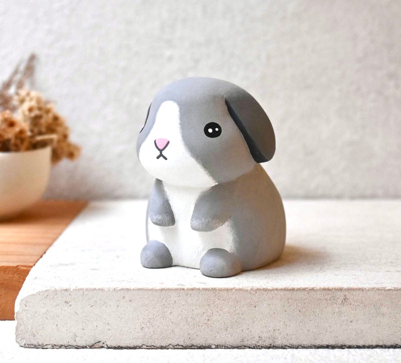 Lop-eared rabbit cute decoration handmade wooden healing small wood carving doll rabbit - ของวางตกแต่ง - ไม้ สีเทา