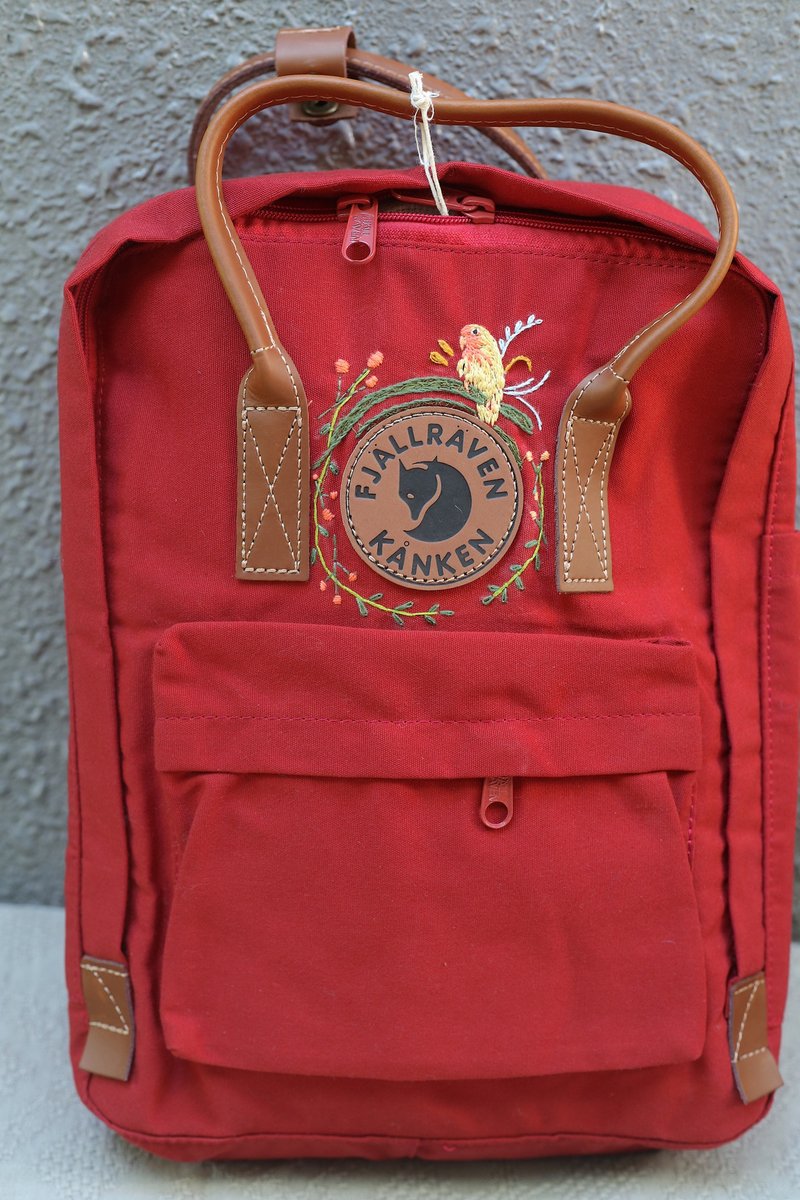 Parrot fruit wreath theme leather red kanken bag-handmade embroidery design custom - กระเป๋าเป้สะพายหลัง - วัสดุกันนำ้ สีแดง
