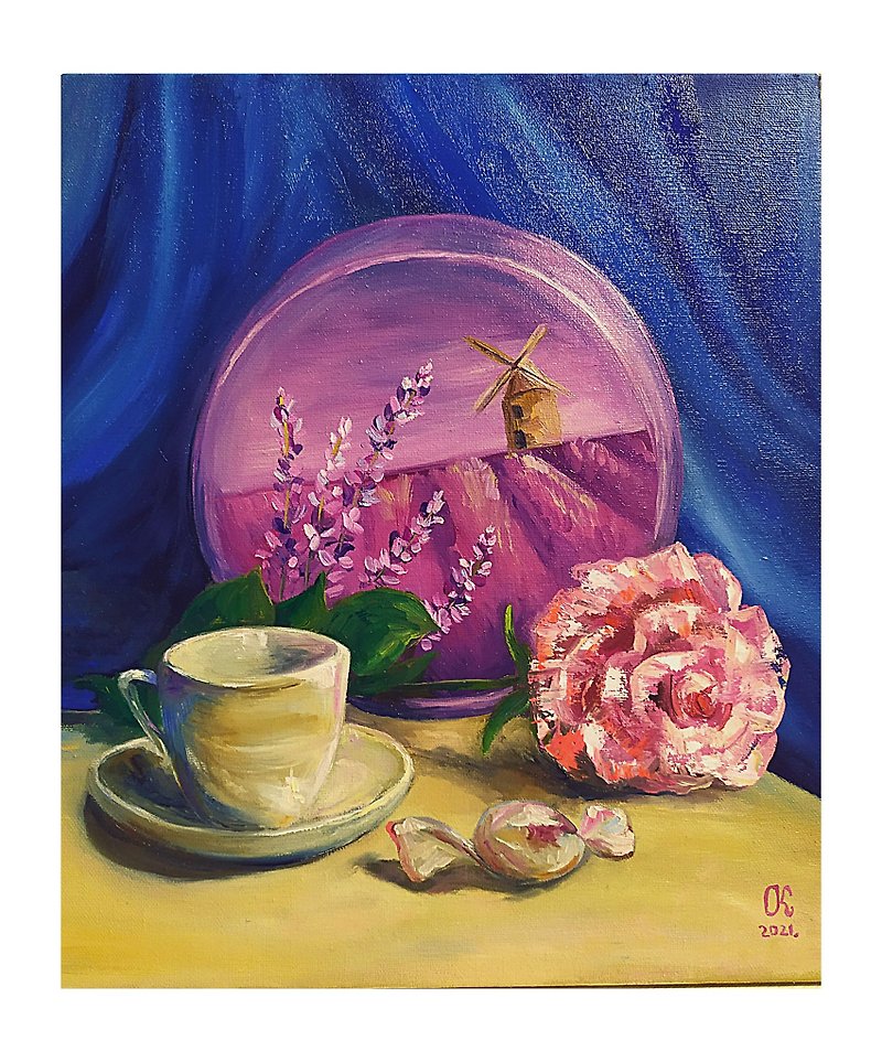 手繪油畫 Oil Painting Still Life Coffee Handmade painting Rose Wall art 繪畫 - Posters - Cotton & Hemp Multicolor