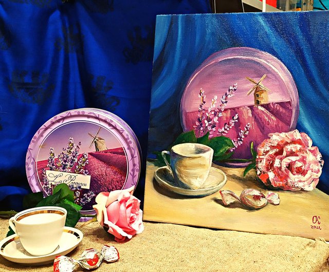 手描き油絵 静物画 コーヒー 手作り絵画 ローズ 壁アート 繪絵