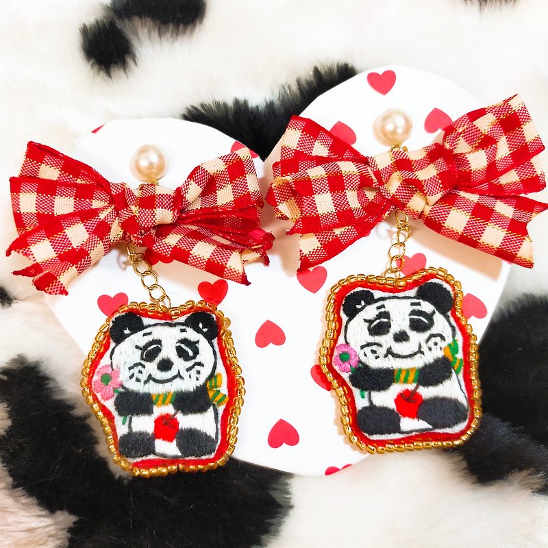 Pangda Panda Bear Embroidered Earrings Beaded Embroidery Cute Japanese - Earrings & Clip-ons - Thread 