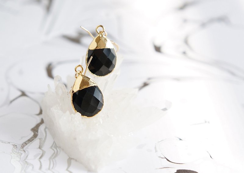 [14KGF] Earrings, Gemstone, Pear-Shaped Black Onyx - ต่างหู - เครื่องเพชรพลอย สีดำ