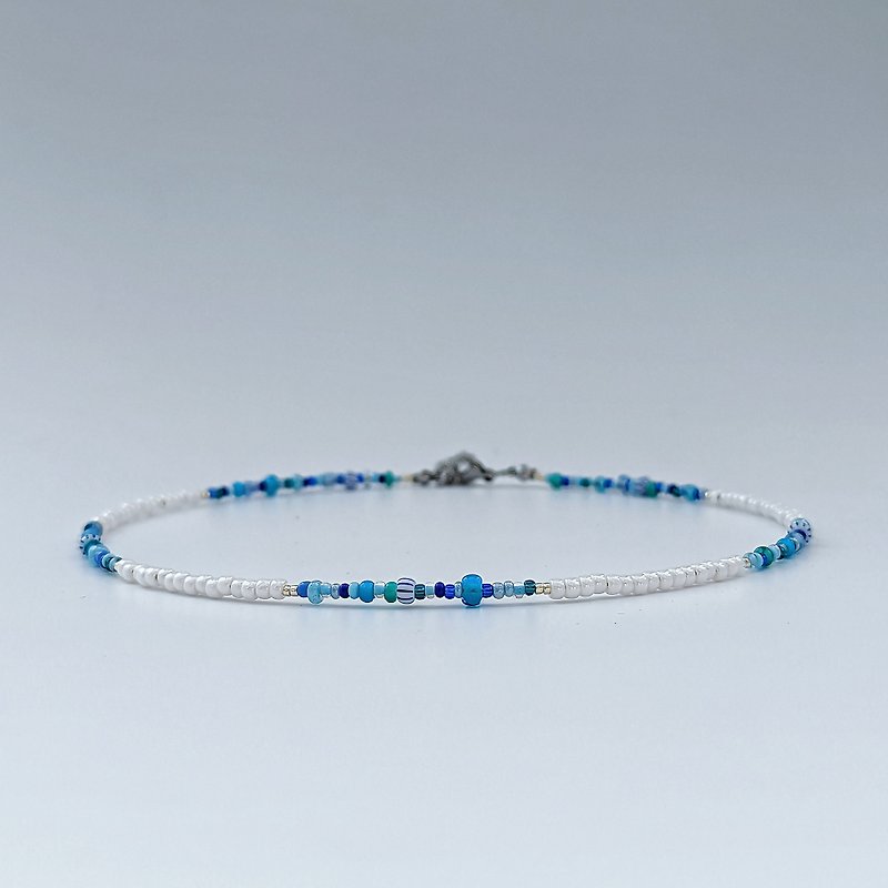 Beaded choker necklace, blue white boho jewelry for women - Necklaces - Glass Blue