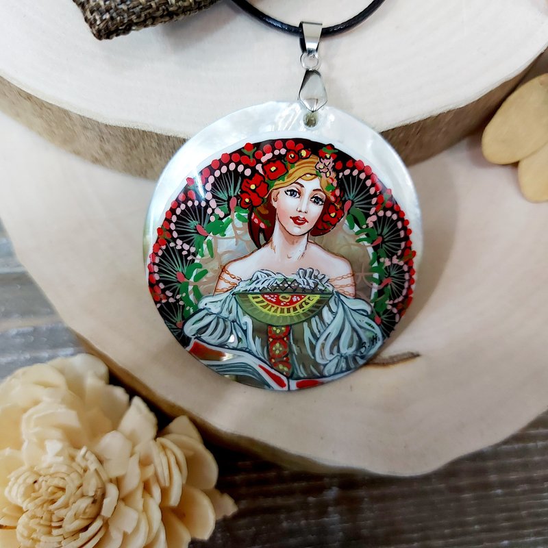 Dreaminess by Alphonse Mucha's art on mother-of-pearl Aesthetic jewelry pendant - สร้อยคอ - เปลือกหอย หลากหลายสี