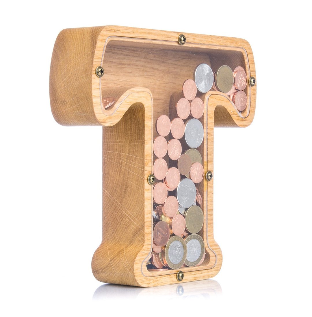 Wood piggy bank for kids and adults LETTER Personalized coin bank for boys - กระปุกออมสิน - ไม้ 