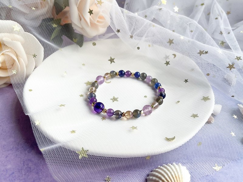 [Night Sky] Cordierite Amethyst Ametrine Labradorite Tanzanite Stone 14k Gold Pack Bracelet - Bracelets - Crystal Purple
