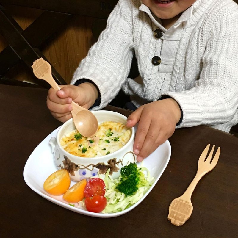 【SPICE】日本 PETIT'S MAMAN 兒童天然木頭叉子&湯匙套組-機器人 - 寶寶/兒童餐具/餐盤 - 木頭 多色