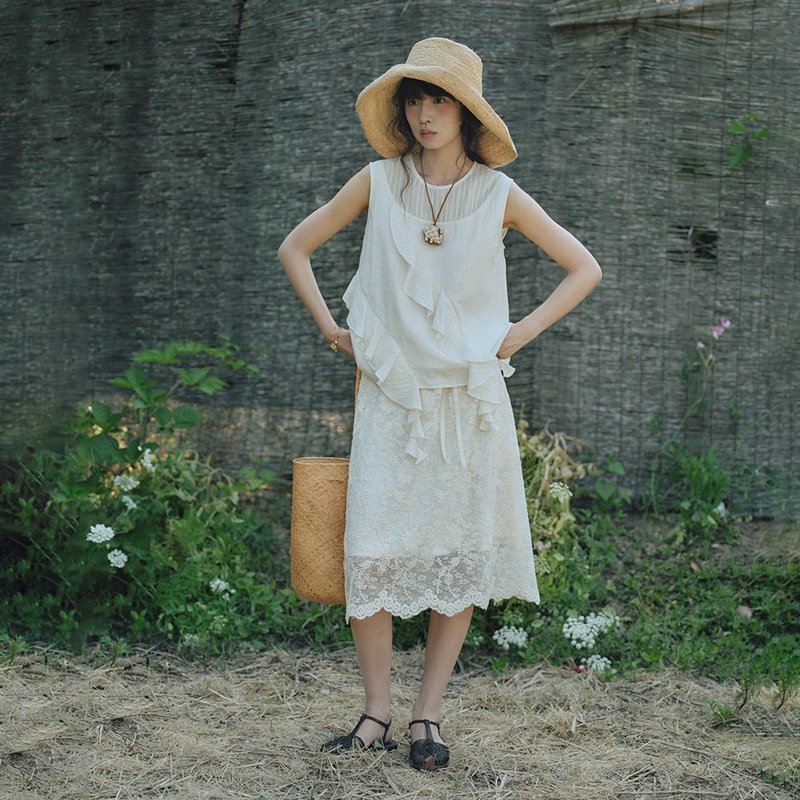 法式蕾絲拼接半裙|裙子|夏款|Sora-1827 - 裙子/長裙 - 聚酯纖維 