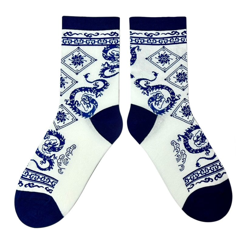 Bast Tag-Blue and white porcelain - Socks - Cotton & Hemp Blue