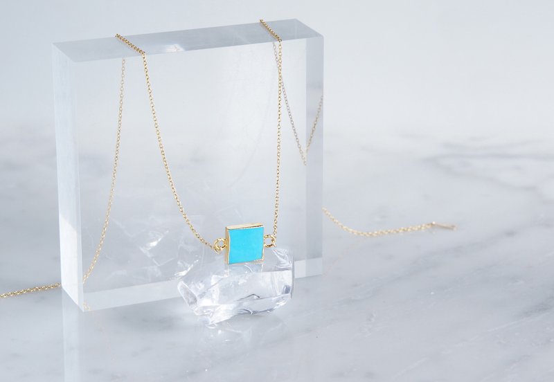 [14KGF] Necklace, Gemstone, Square Blue Turquoise - สร้อยคอ - เครื่องเพชรพลอย สีน้ำเงิน