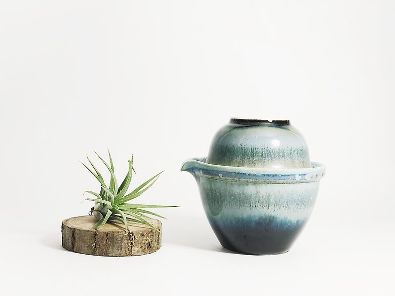 Hand made ceramic kiln change travel one person pot tea set - lake blue - ถ้วย - เครื่องลายคราม สีน้ำเงิน