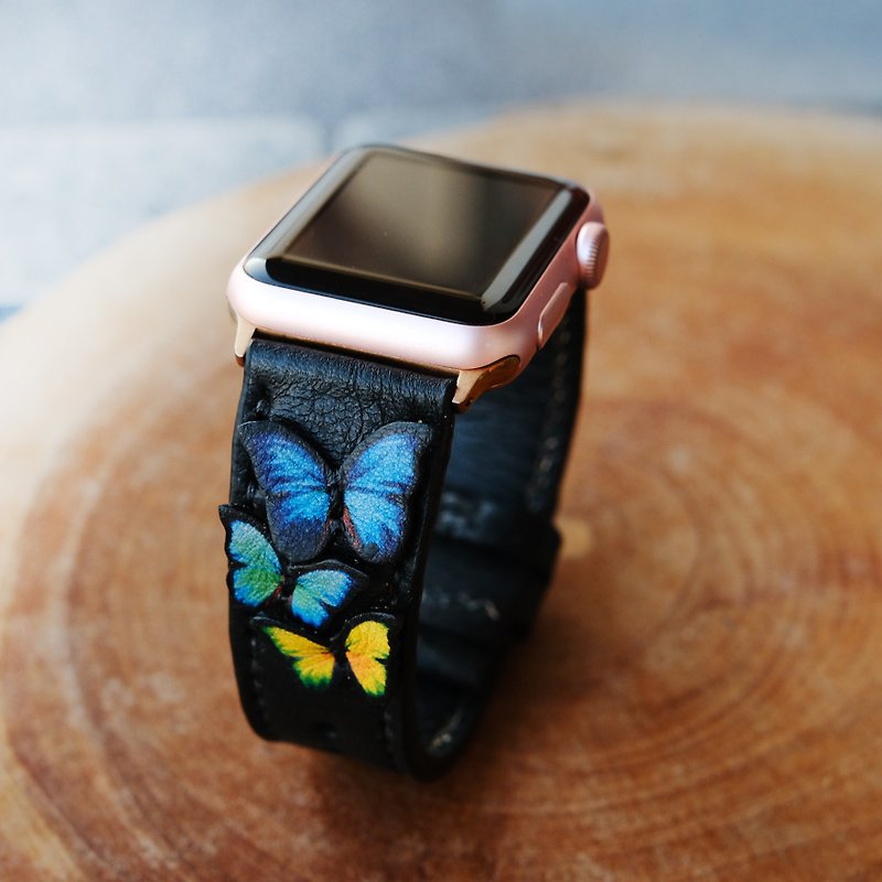 Apple Watch Band 38mm 42mm 40mm 44mm, HandStitched Handmade - สายนาฬิกา - หนังแท้ สีดำ