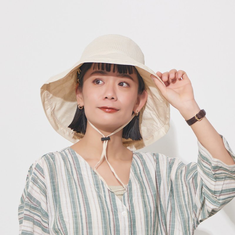 COOL 接触冷感 UVカット メッシュ ひも付き つば広ハット - 帽子 - 其他材質 咖啡色