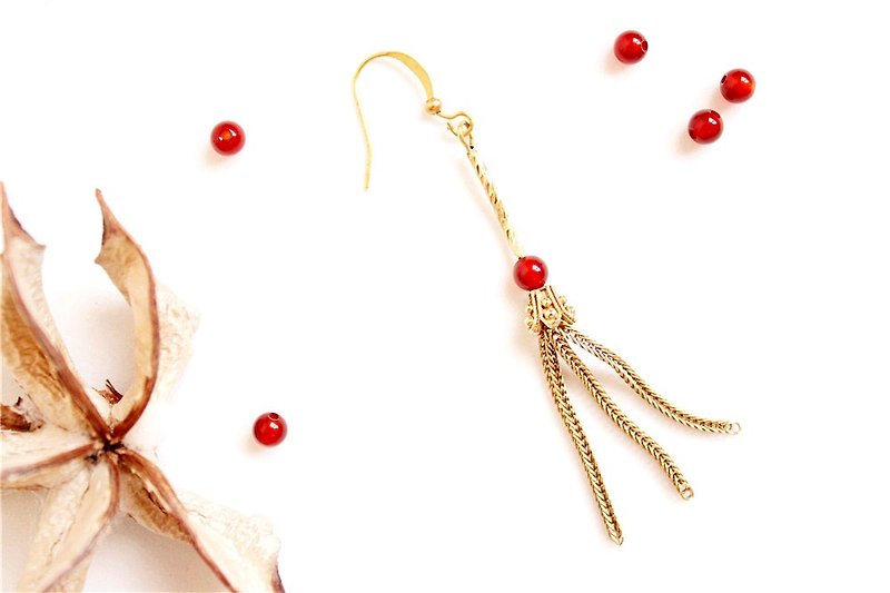 [UNA- excellent Na] handmade tassels wave onyx - Bronze Bronze customized natural Gemstone - Earrings & Clip-ons - Other Metals Red