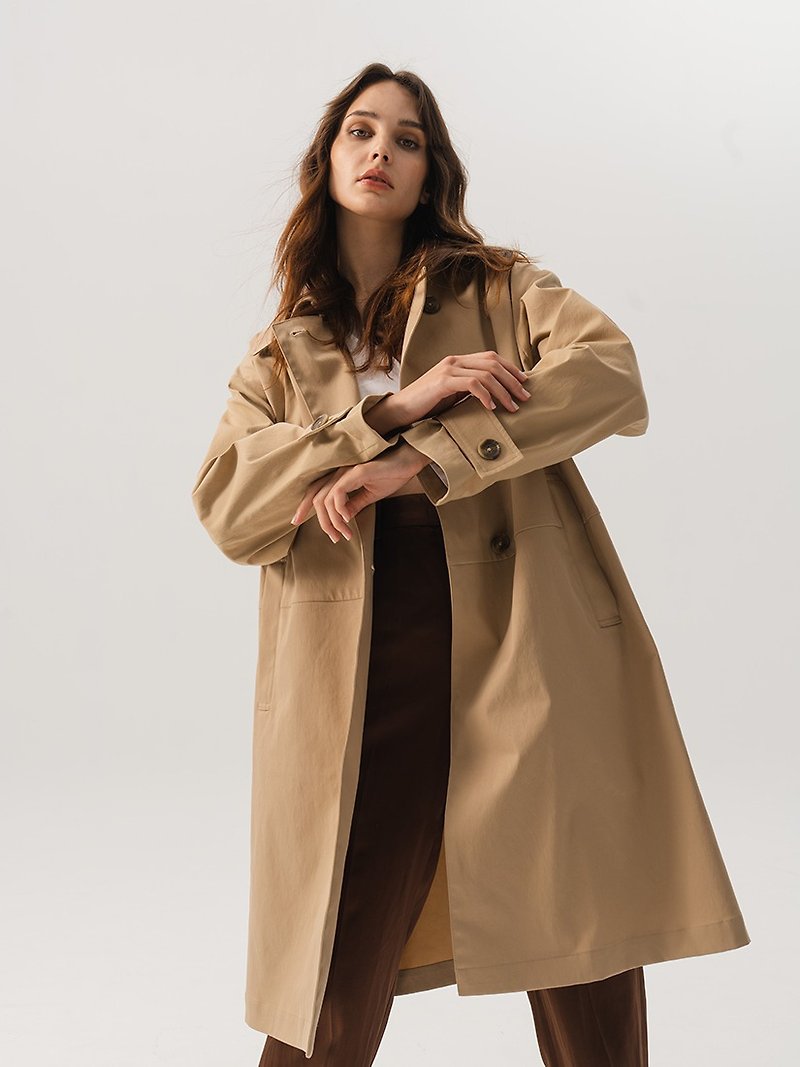 Eco-friendly women's single-breasted trench coat (1 color) - เสื้อแจ็คเก็ต - เส้นใยสังเคราะห์ สีกากี
