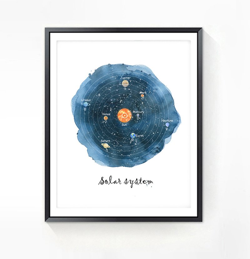 Children's Room Decoration-Nordic Style Home Poster-Solar System / Nine Planets Watercolor Painting-Copy Painting-Bedroom - โปสเตอร์ - กระดาษ 