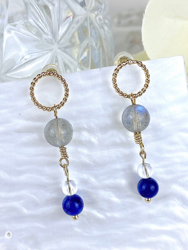 灰月亮石 白水晶 藍晶石 14KGF 耳環 - 耳環/耳夾 - 水晶 藍色