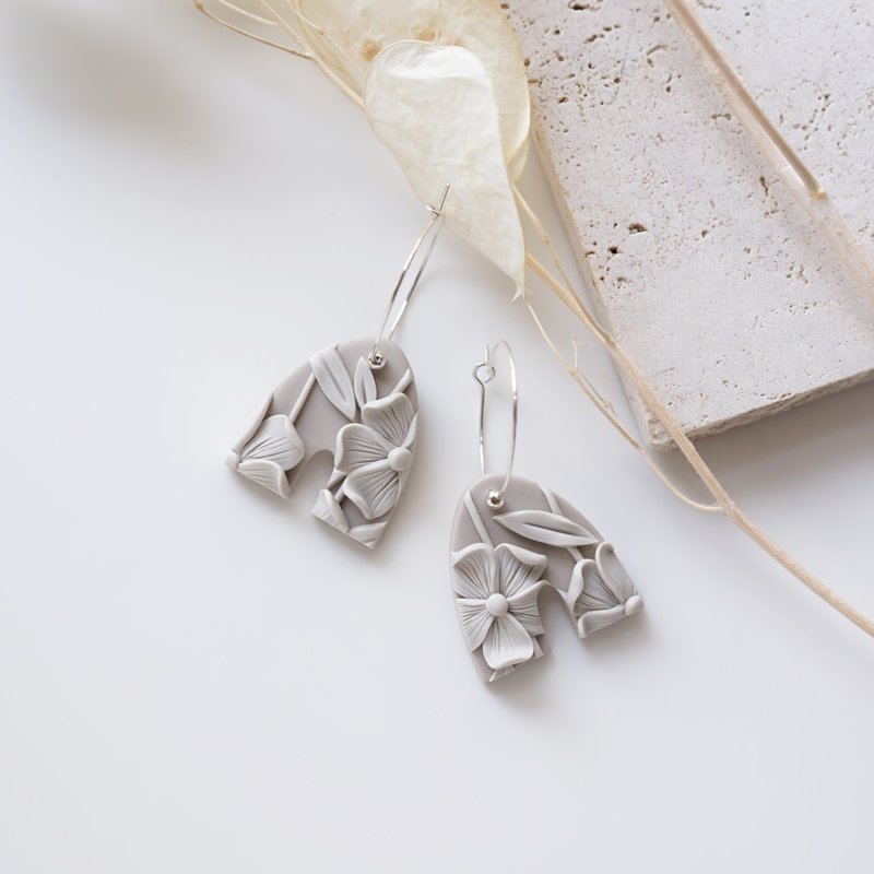 Aubrey Original Design Handmade Ceramic Floral Sculpture Earrings 925 Sterling Silver Hoop Earrings - Earrings & Clip-ons - Pottery Khaki