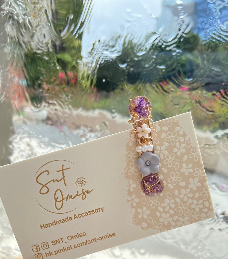 【Double Purple Flower Stone Hair Clip】Handmade in Hong Kong / Crafts Combining Resin and Stone - Hair Accessories - Other Materials Purple