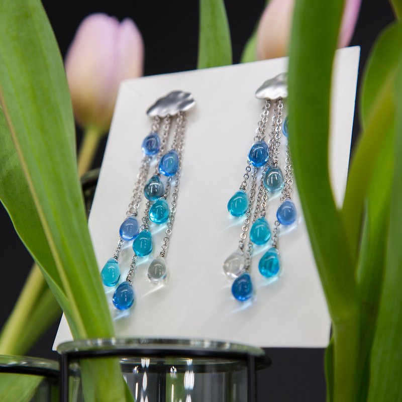 Rain Cloud Earrings, Blue glass earrings, Ocean blue studs - Earrings & Clip-ons - Glass Blue