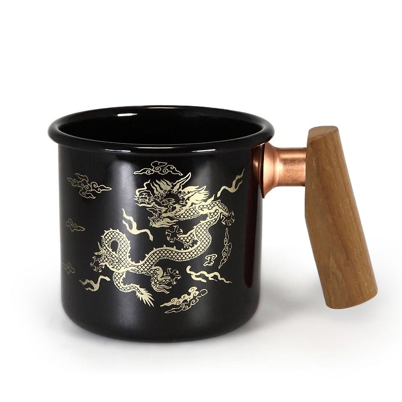 Enamel cup with wooden handle 400ml (Qianlong cup-black) - แก้วมัค/แก้วกาแฟ - วัตถุเคลือบ สีดำ
