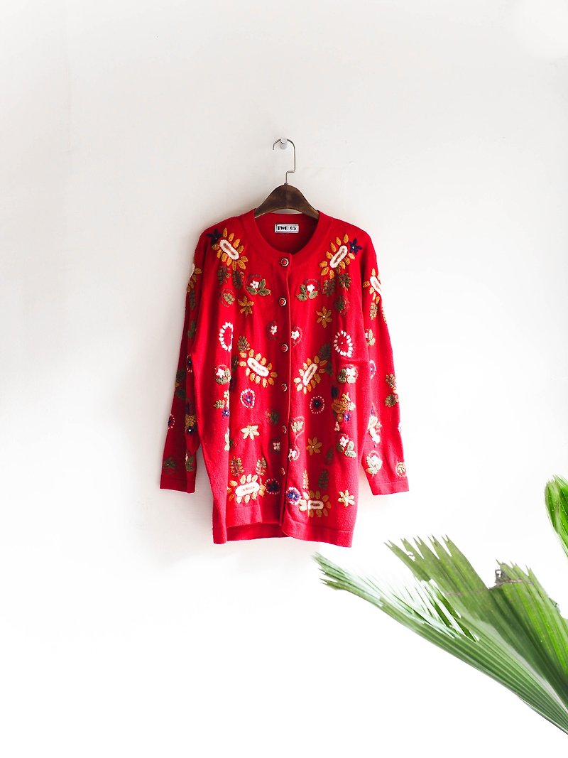 リバーヒル - 富山純粋な赤の刺繍の花とアンティークフェスティバルウールのカーディガンのセーターのコートのセーターヴィンテージヴィンテージ特大 - ジャケット - ウール レッド