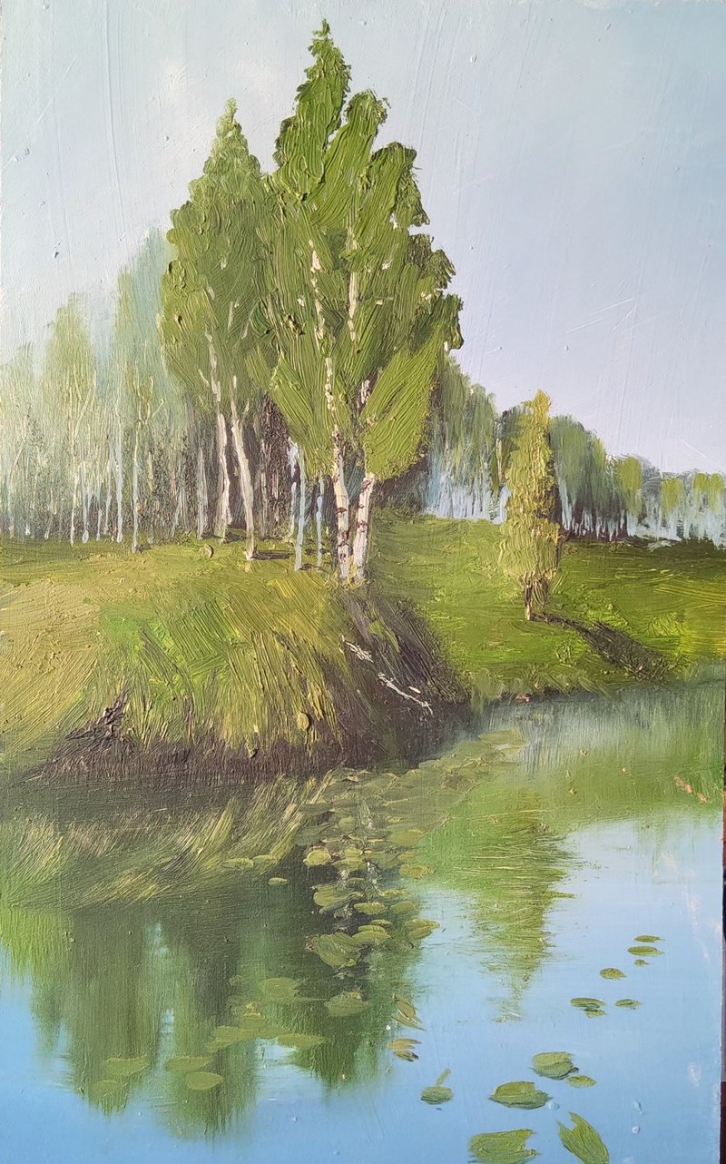 Birch Trees Painting Landscape Original Art River After Rain Scene Wall - วาดภาพ/ศิลปะการเขียน - วัสดุอื่นๆ 