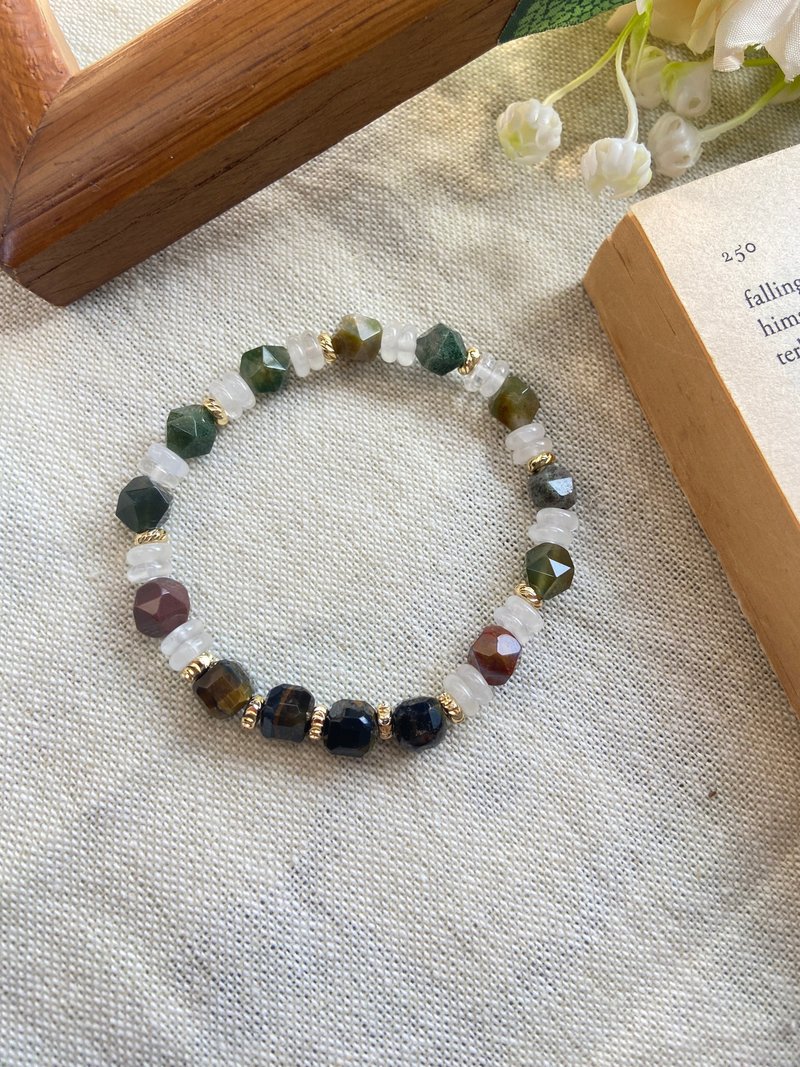 Maillard Reaction. Attract Wealth. Ward off Petty People. Yellow Tiger's Eye / Moss Agate / White Phantom Quartz - สร้อยข้อมือ - คริสตัล สีนำ้ตาล