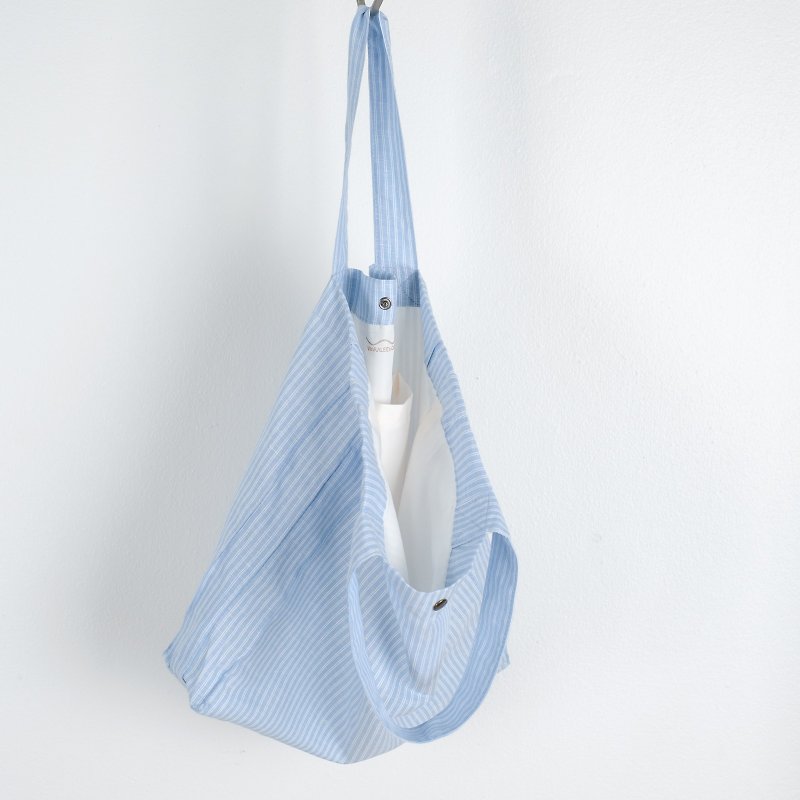 Casual Linen Tote Bag (Blue Striped) - Handbags & Totes - Linen Blue