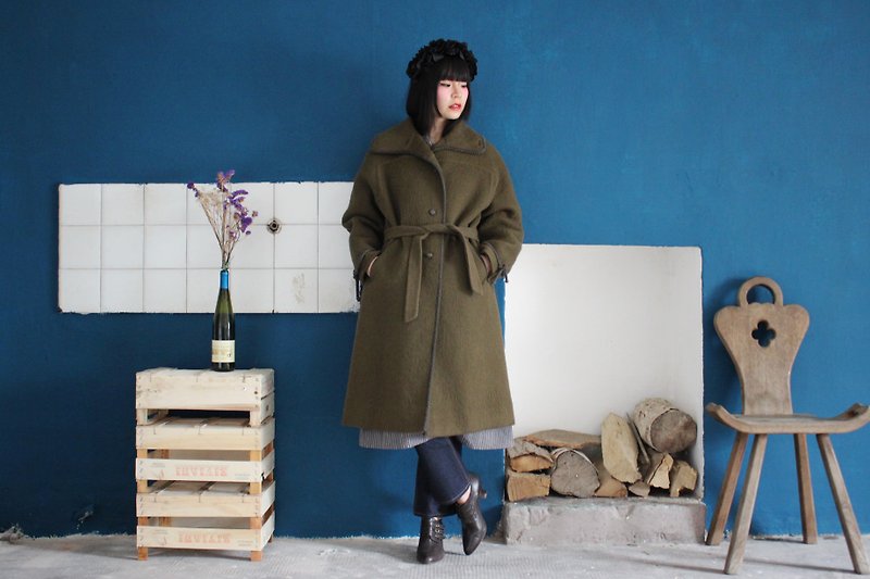 [Vintage Coat] (Made in Italy) Dark Green Wool Rope Trimmed Double Pocket Belt Coat Vintage Coat F3159 (Christmas Gifts Christmas Gifts) - Women's Casual & Functional Jackets - Wool Green
