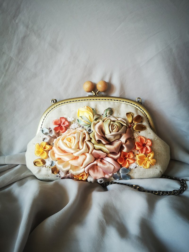 Bag, clutch, embroidered rose ribbon - Clutch Bags - Cotton & Hemp Gray