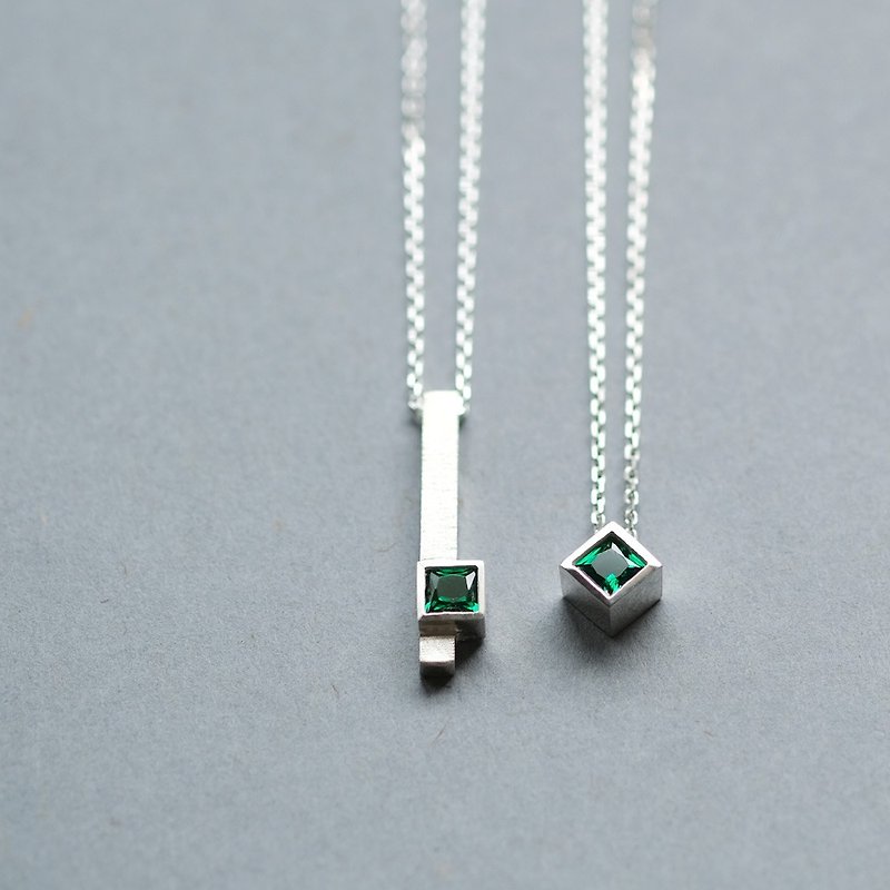 2-piece set) Emerald square pair necklace , Silver 925 - สร้อยคอ - โลหะ สีเขียว