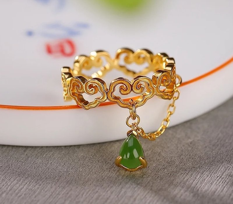 Ethnic Abstract Hearts Rings for Women Hollow Vintage Jewelry Water Drop Jasper - 戒指 - 純銀 多色