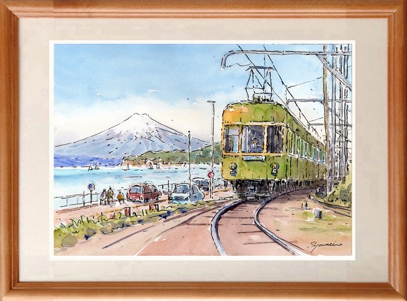 水彩画原画　江ノ電・七里ヶ浜からの富士 - ポスター・絵 - 紙 ブルー