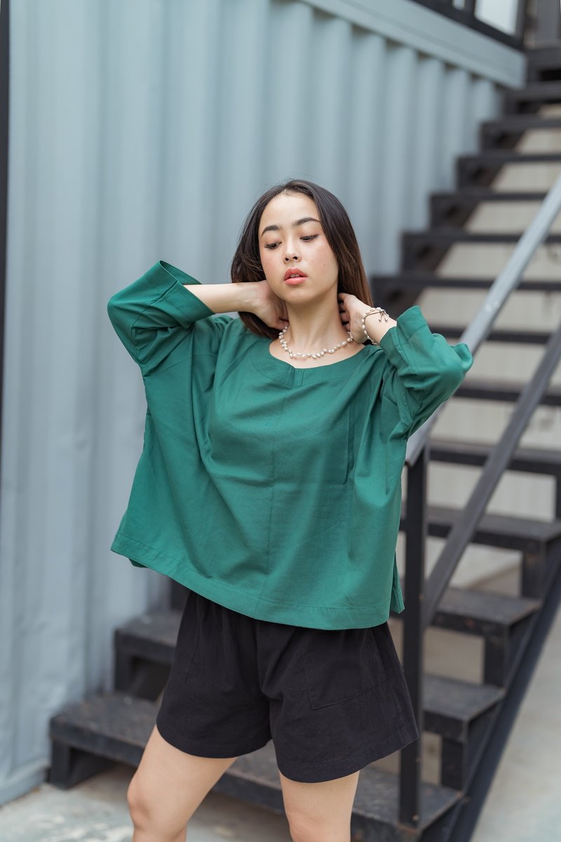 Lightweight 100% Linen Oversized 3/4 Long Sleeve Top Unisex - 女上衣/長袖上衣 - 亞麻 綠色