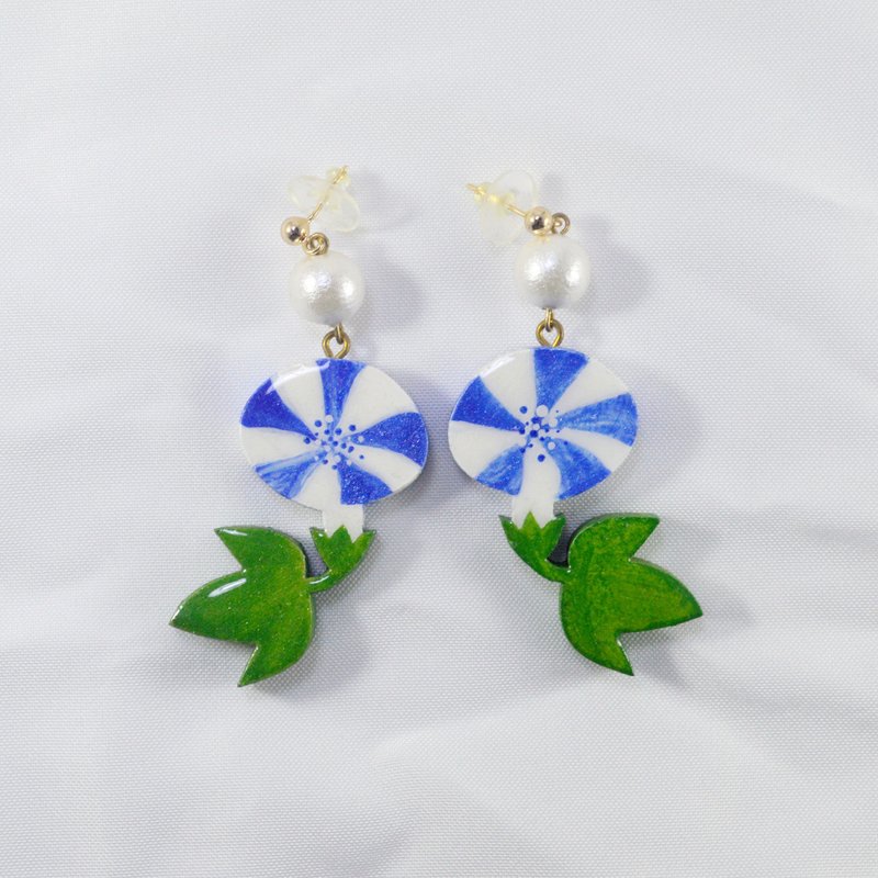 夏日浪漫 朝顏 藍色牽牛花 東方美 趣味溫婉 手繪木製 - 耳環/耳夾/耳骨夾 - 木頭 藍色