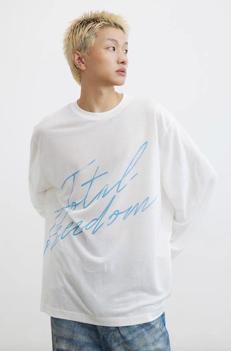 Total freedom T-shirt 徹底自由 寶藍標語長袖T恤 - 帽T/大學T - 棉．麻 白色