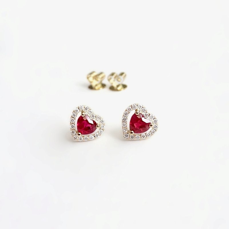 Natural Ruby Heart Cut with Diamonds Pave 18K Solid Yellow Gold Stud Earrings - ต่างหู - เครื่องเพชรพลอย สีแดง