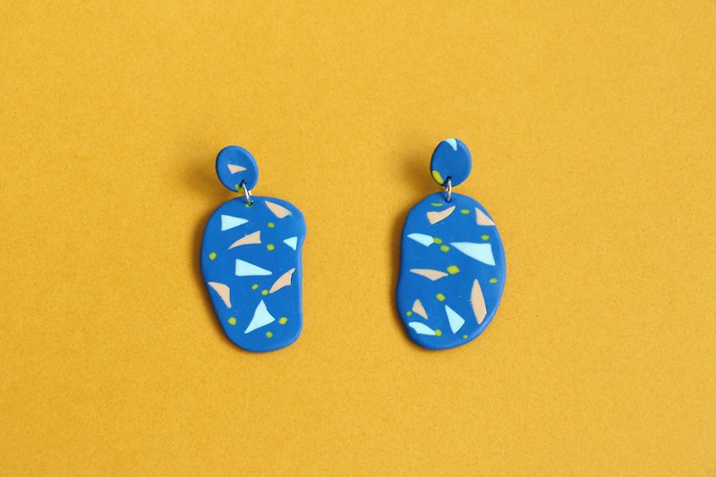 Hsin Hsiu Yao Geometric Earrings - Blue Small Triangle Geometry Large Ellipse with Small Ellipse - ต่างหู - เงินแท้ สีน้ำเงิน