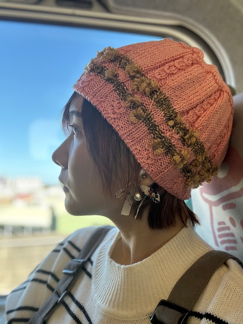 ピンクオレンジの小さな花園ニット帽 - 帽子 - その他の化学繊維 ピンク