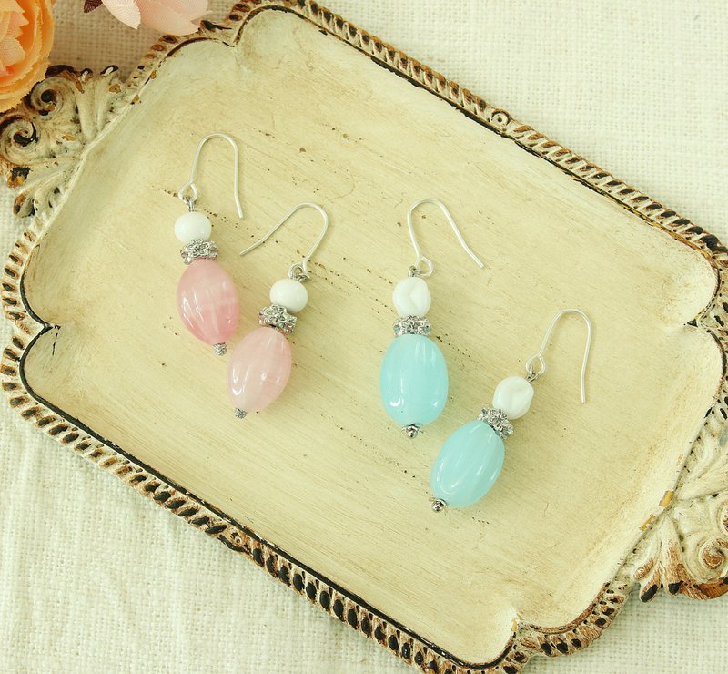 Pink/Pink Blue Marquise Glass Beads 2 Colors Optional Japanese Metal Accessories Sterling Silver Ear Hooks - ต่างหู - กระจกลาย สึชมพู