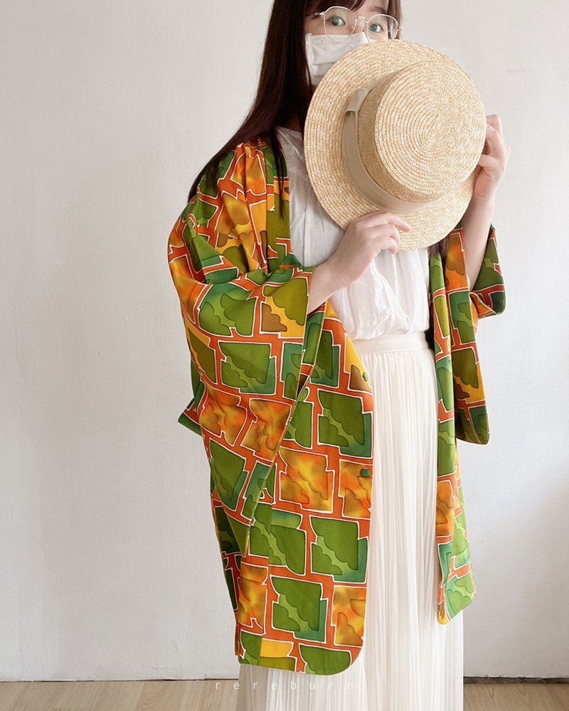 日本製和風水彩渲染印花綠色古著道行羽織和服外套 - 女大衣/外套 - 聚酯纖維 綠色