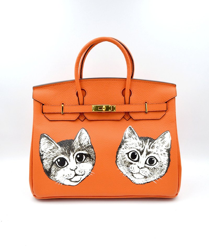TIMBEE LO X GOOKASO designer hand-painted cat pattern top layer cowhide handbag bag - กระเป๋าถือ - หนังแท้ สีส้ม