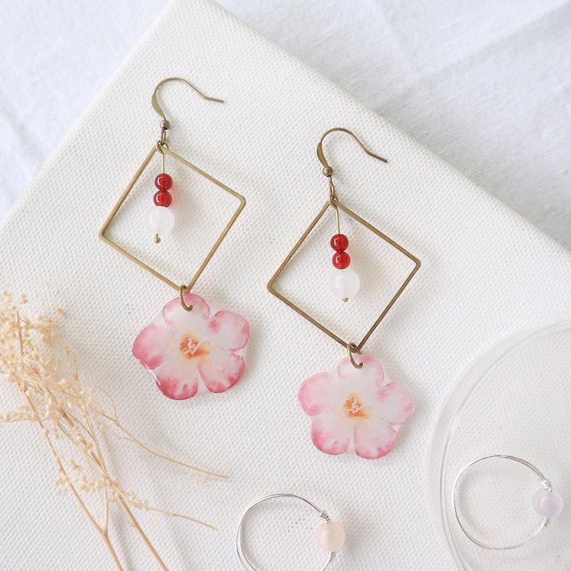 Flower collection book handmade earrings - dream red agate white jade can be changed - Earrings & Clip-ons - Resin Pink