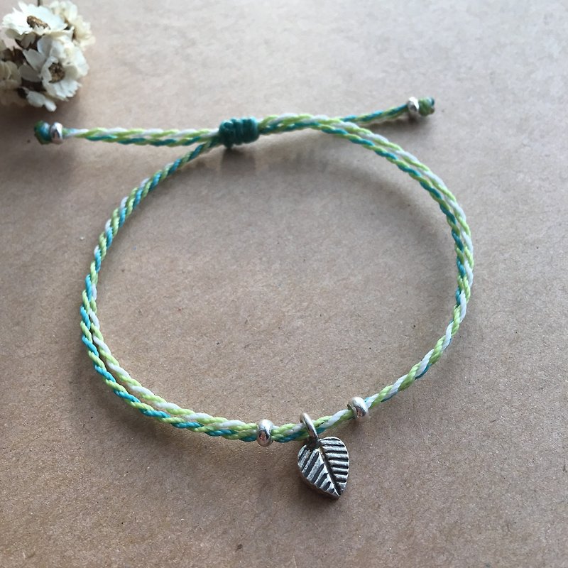~ M + bear ~ leaves / blessing double bracelet / wax wax / sterling silver / braided bracelet / 925 silver bracelet - สร้อยข้อมือ - โลหะ สีเขียว