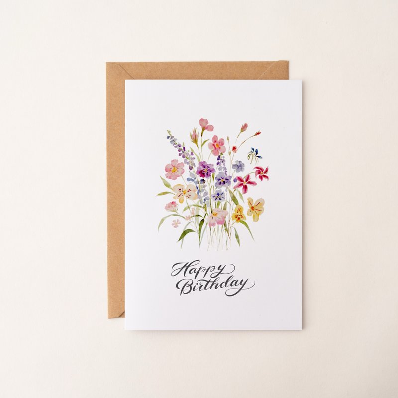 水彩花卉生日卡片 客製手寫字 祝福卡片 自然風賀卡 萬用卡 禮卡 - 卡片/明信片 - 紙 多色