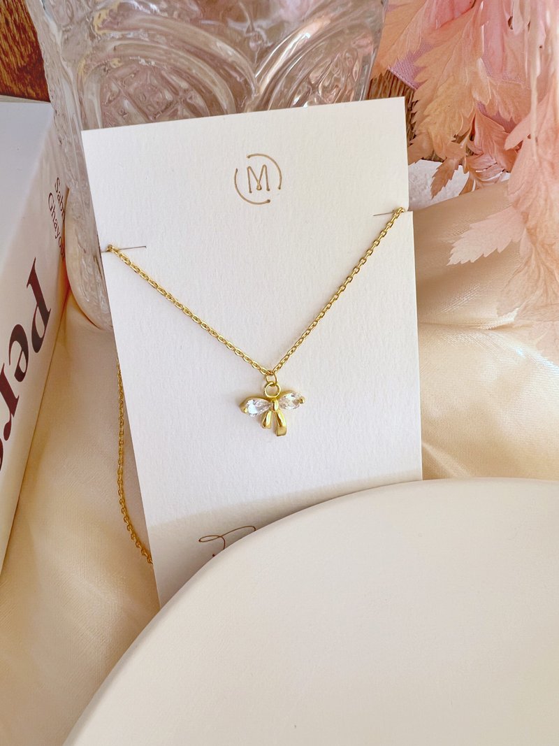 【上品なギフトボックス】ジルコニアリボン蝶結びネックレス S925 18KG - リボンを結んで #ファインジュエリー - ネックレス - 金属 ゴールド