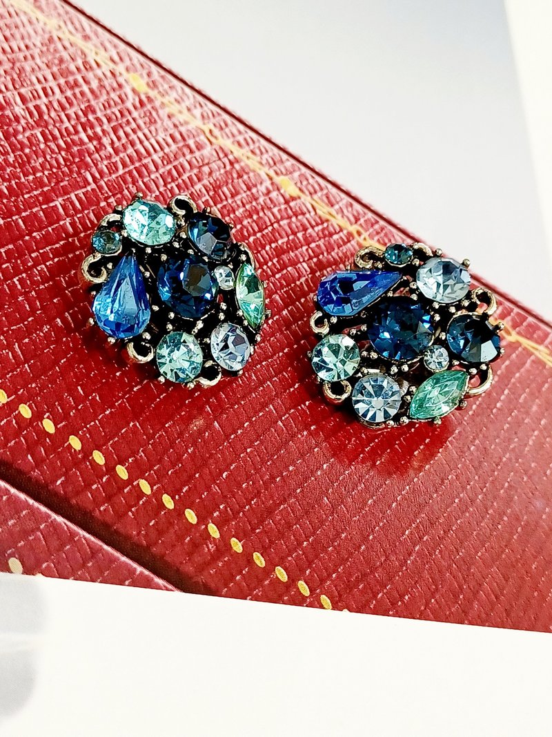 vintage jewelry  LISNER 藍色萊茵圓形花卉 夾式耳環 - 耳環/耳夾/耳骨夾 - 其他金屬 