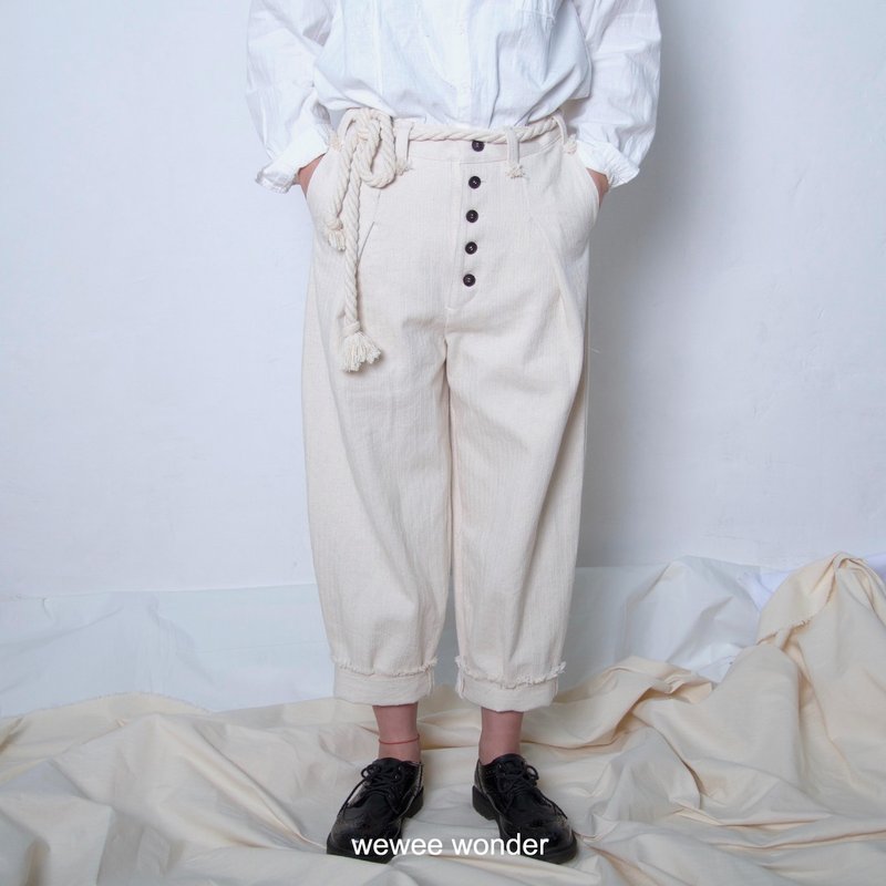 Off-white herringbone pattern cotton washed canvas casual pants unisex size can be customized - กางเกงขายาว - ผ้าฝ้าย/ผ้าลินิน 