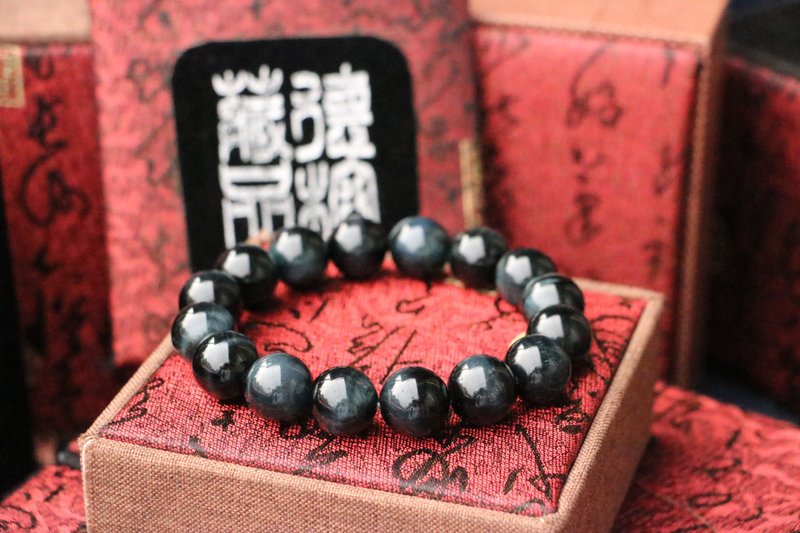 原礦藍虎眼石手珠 14mm 藍虎眼手串 客製化串珠設計 飾品 客製化 - 手鍊/手環 - 石頭 
